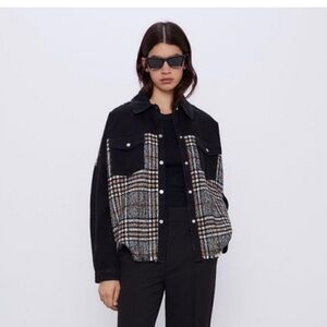 Zara Contrast Denim Jacket Shacket Black Women's Size M